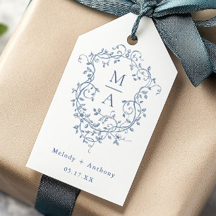 Etiquetas Para Regalos Elegante Boda Escudo floral azul francés
