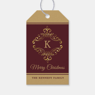 Etiquetas Para Regalos Elegante Burgundy Oro Feliz Navidad Monograma