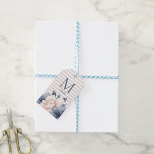 Etiquetas Para Regalos Elegante color azul rosa Floral Monograma nombre t