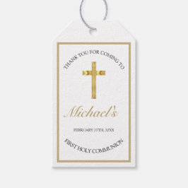 Etiquetas Para Regalos Elegante Cruz de Oro Primera Comunión Blanca