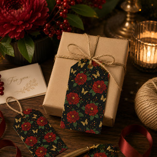 Etiquetas Para Regalos Elegante Floral Rojo Mariposa Dorada