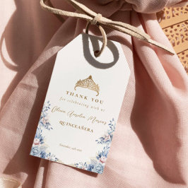 Etiquetas Para Regalos Elegante Gold Tiara Blue Floral Quinceañera