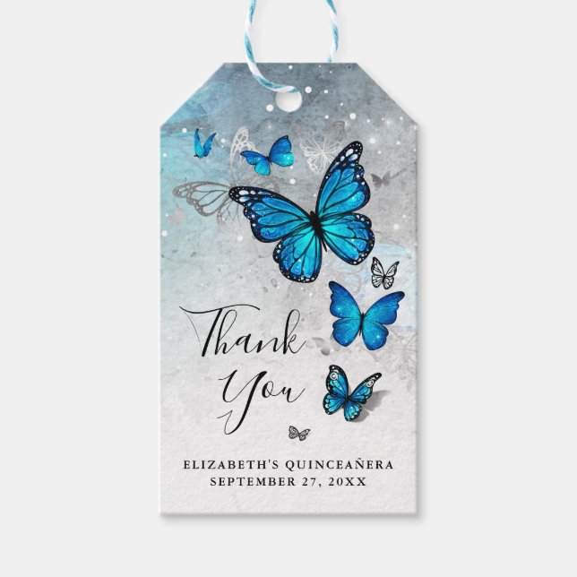 Etiquetas Para Regalos Elegante Gracias Mariposa Plata y Azul (Anverso)