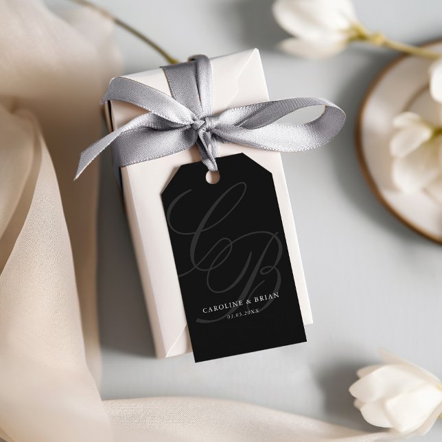 Etiquetas Para Regalos Elegante, Monograma, Boda (Elegant, Monogram, Wedding Black Gift Tags. With your names & date.)