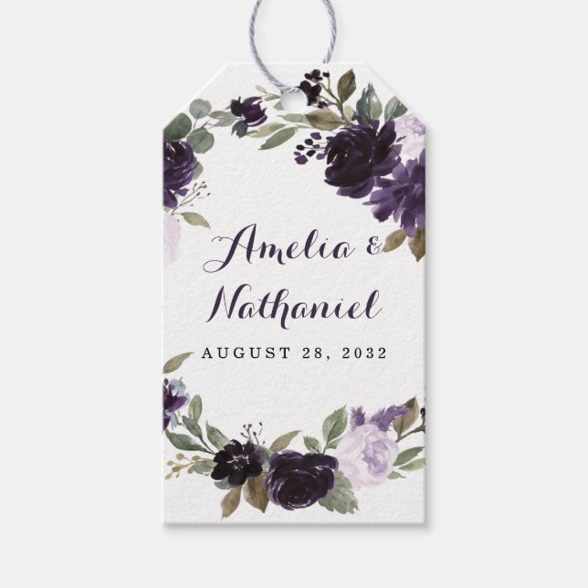 Etiquetas Para Regalos Elegante morado y dorado Verde de la Boda Floral F (Anverso)