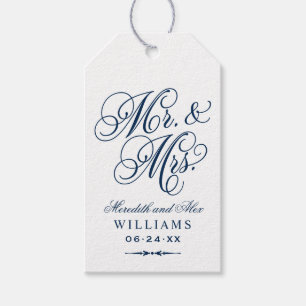 Etiquetas Para Regalos Elegante Navy Sr. y Sra. Script Personalizado Mono