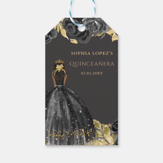 Etiquetas Para Regalos Elegante Princesa Floral de Oro Negro Quinceanera (Anverso)
