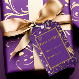 Etiquetas Para Regalos Elegante Purple & Gold Damask 'Felices Fiestas'