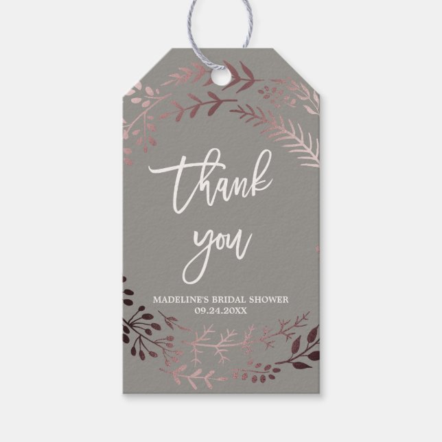 Etiquetas Para Regalos Elegante Rosa Oro y ducha Gray Bridal Gracias (Anverso)