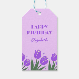 Etiquetas Para Regalos Elegante Tulipán Retro Floral Cumpleaños Púrpura 