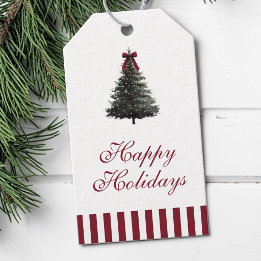Etiquetas Para Regalos Elegantes rayas rojas Acuarela árbol de Navidad