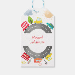 Etiquetas Para Regalos En el camino vehículos felices cumpleaños del niño