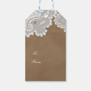 Etiquetas Para Regalos Encaje Blanco y Marrón Rústico Chic Elegante Fiest