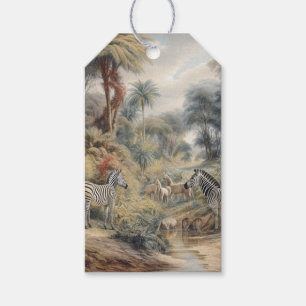 Etiquetas Para Regalos Escena botánica de cebras y leones en un oasis