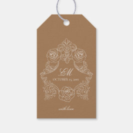 Etiquetas Para Regalos Escudo Monograma Ornamento Boda Dorado Marrón