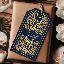 Etiquetas Para Regalos Espada Real Medieval de Oro Azul Bodas Bienvenida