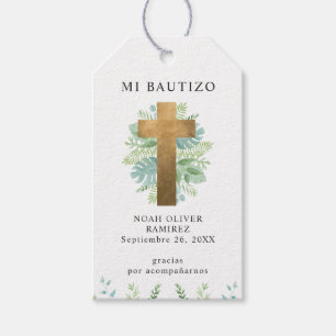 Etiquetas Para Regalos Español, bautismo Elegante Cruz de Oro con Verdor