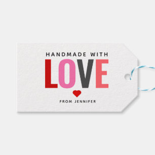 Etiquetas Para Regalos Fabricado a mano con el nombre del corazón rojo Dí