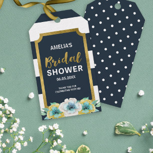 Etiquetas Para Regalos Faux Gold, Blue Floral Bridal Shower