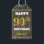 Etiquetas Para Regalos Faux Wood, Faux Gold 90th Birthday   Custom Name<br><div class="desc">El diseño de esta etiqueta de regalo de cumpleaños incluye un mensaje como "¡FELIZ 90º CUMPLEAÑOS, Jessica!", donde se puede personalizar el nombre, y donde el número "90º" tiene un aspecto falso/imitación dorado. También presenta un ambiente rústico de madera falsa. En la parte posterior aparece una línea "Desde:". Etiquetas de...</div>