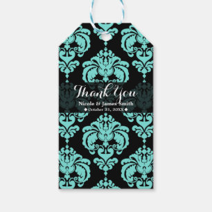 Etiquetas Para Regalos Favor de Evento de Boda Vintage Damask Negro Aqua 