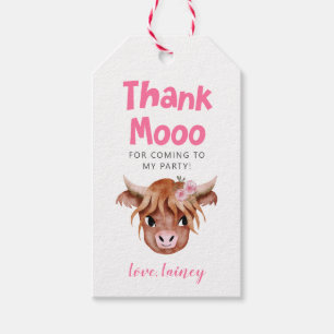 Etiquetas Para Regalos Favor del cumpleaños rosado de la vaca de Highland