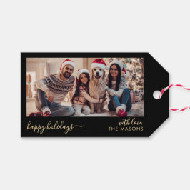 Etiquetas Para Regalos Felices Fiestas Script Black Gold Family Photo