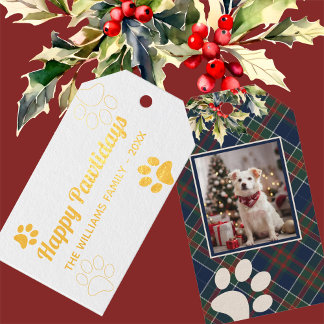 Etiquetas Para Regalos Felices Pawlidays Dog Paw Plaid Photo Navidades