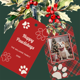 Etiquetas Para Regalos Felices Pawlidays Dog Paw Red Plaid Photo Navidade