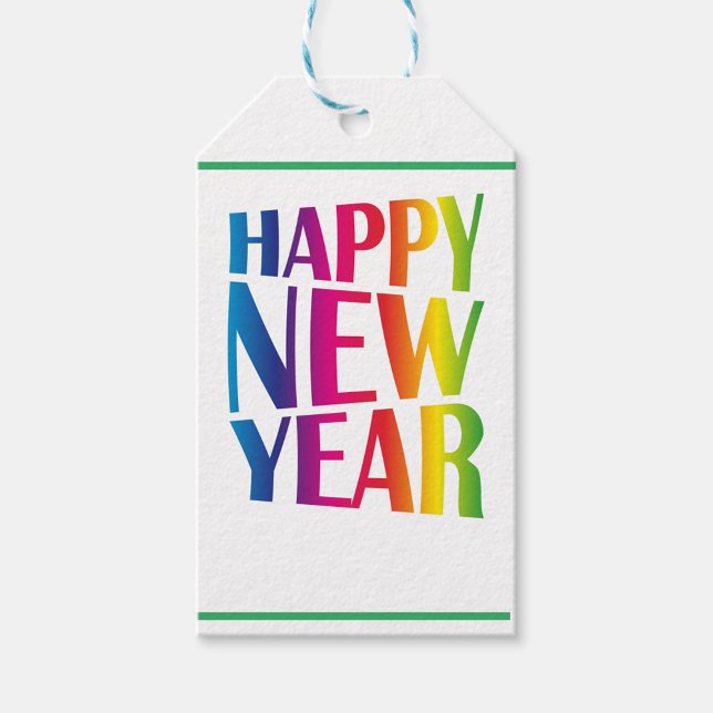 Etiquetas Para Regalos Feliz Año Nuevo (A vibrant, colorful New Year tag featuring the words 'HAPPY NEW YEAR' in a bold, playful font.)