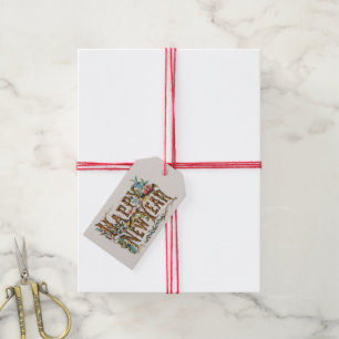 Etiquetas Para Regalos Feliz Año Nuevo en troncos de árboles, bellotas y 