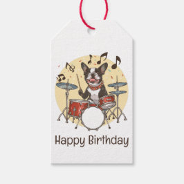 Etiquetas Para Regalos Feliz Cumpleaños Boston Terrier Perro Tocando Tamb