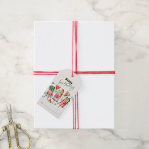 Etiquetas Para Regalos Feliz cumpleaños, coloridas partículas y sandía