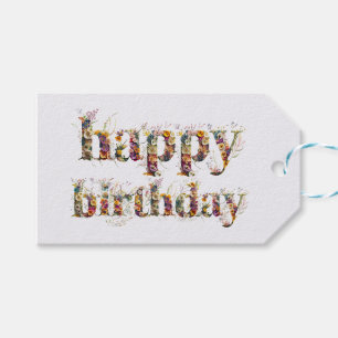 Etiquetas Para Regalos Feliz cumpleaños, diseño de texto de flores secas