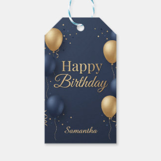 Etiquetas Para Regalos Feliz Cumpleaños en Azul y Oro Elegante con Globos