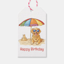 Etiquetas Para Regalos Feliz cumpleaños, perro de playa de Golden Retriev