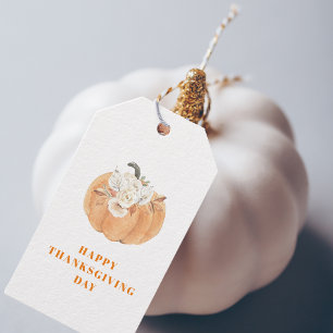 Etiquetas Para Regalos Feliz Día de Acción de Gracias   Calabaza Y Flores