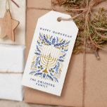Etiquetas Para Regalos Feliz Hanukkah Festive Watercolor Menorah FOLIAGE<br><div class="desc">Añada un toque personal a su regalo de Hanukkah con esta elegante etiqueta de regalo floral con acuarela Menorah adornada con elegante follaje de trigo en una sofisticada paleta de oro,  azul claro y azul marino con dos líneas de texto personalizado.</div>