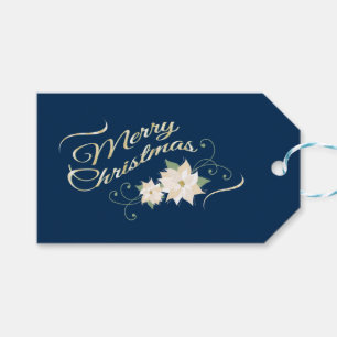 Etiquetas Para Regalos Feliz Navidad Azul y Dorado con Poinsettias Blanca