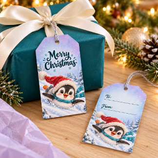 Etiquetas Para Regalos Feliz Navidad Bebé Pingüino Lindo en la Nieve