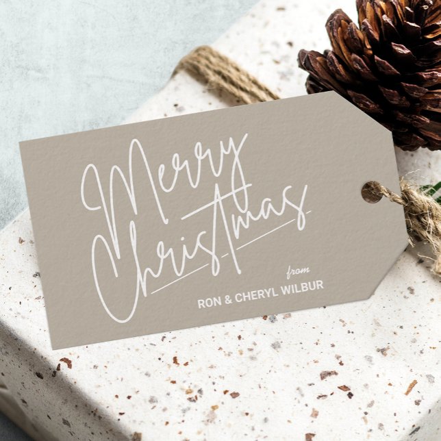 Etiquetas Para Regalos Feliz Navidad Blanca (White Script Merry Christmas Tan Gift Tags)