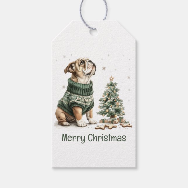 Etiquetas Para Regalos Feliz Navidad Bulldoges ingleses Árbol de Navidad (Anverso)
