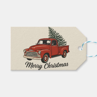 Etiquetas Para Regalos Feliz Navidad Camioneta Roja Vintage & Pino