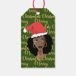 Etiquetas Para Regalos Feliz Navidad de oro, mujer negra, verde de Santa