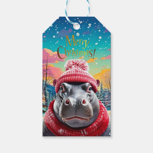 Etiquetas Para Regalos Feliz Navidad Hippo Santa sombrero y bufanda (Anverso)