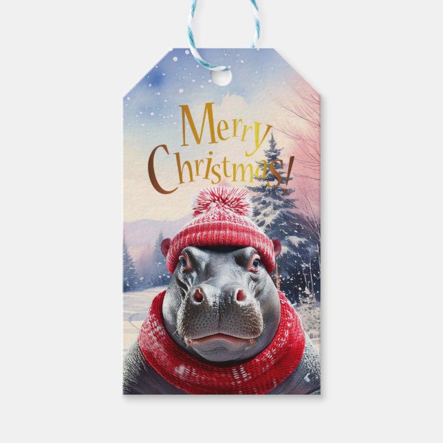 Etiquetas Para Regalos Feliz Navidad Hippo Santa sombrero y bufanda (Anverso)