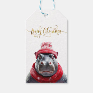 Etiquetas Para Regalos Feliz Navidad Hippo Santa sombrero y bufanda
