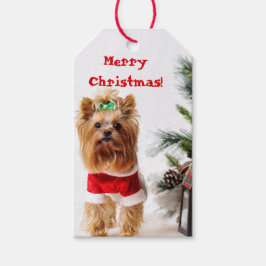 Etiquetas Para Regalos Feliz Navidad Santa Yorkie con árbol de Navidad