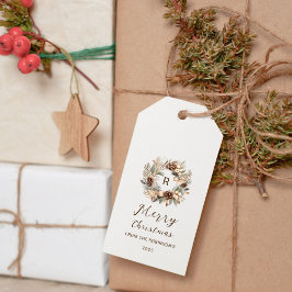 Etiquetas Para Regalos Festividad de la olla verde del monograma Pinecone