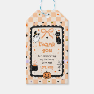 Etiquetas Para Regalos Fiesta de cumpleaños de Halloween de gingham naran